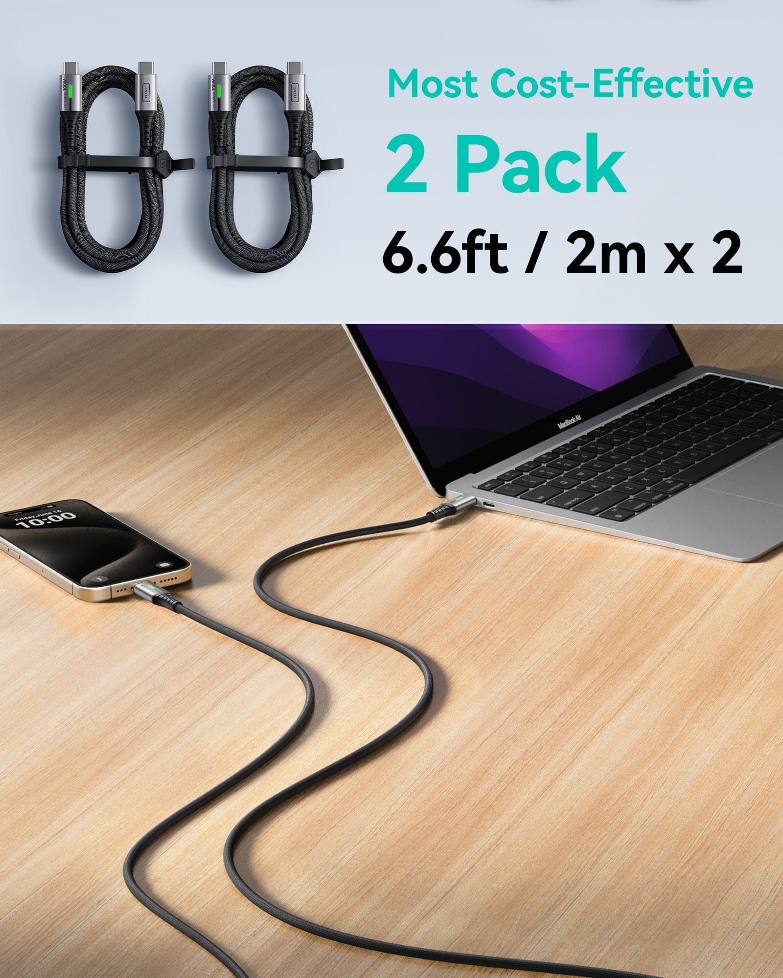 INIU D5CC USB C to C Cable 100W Black (6.6ft, 2-Pack) - Image 6