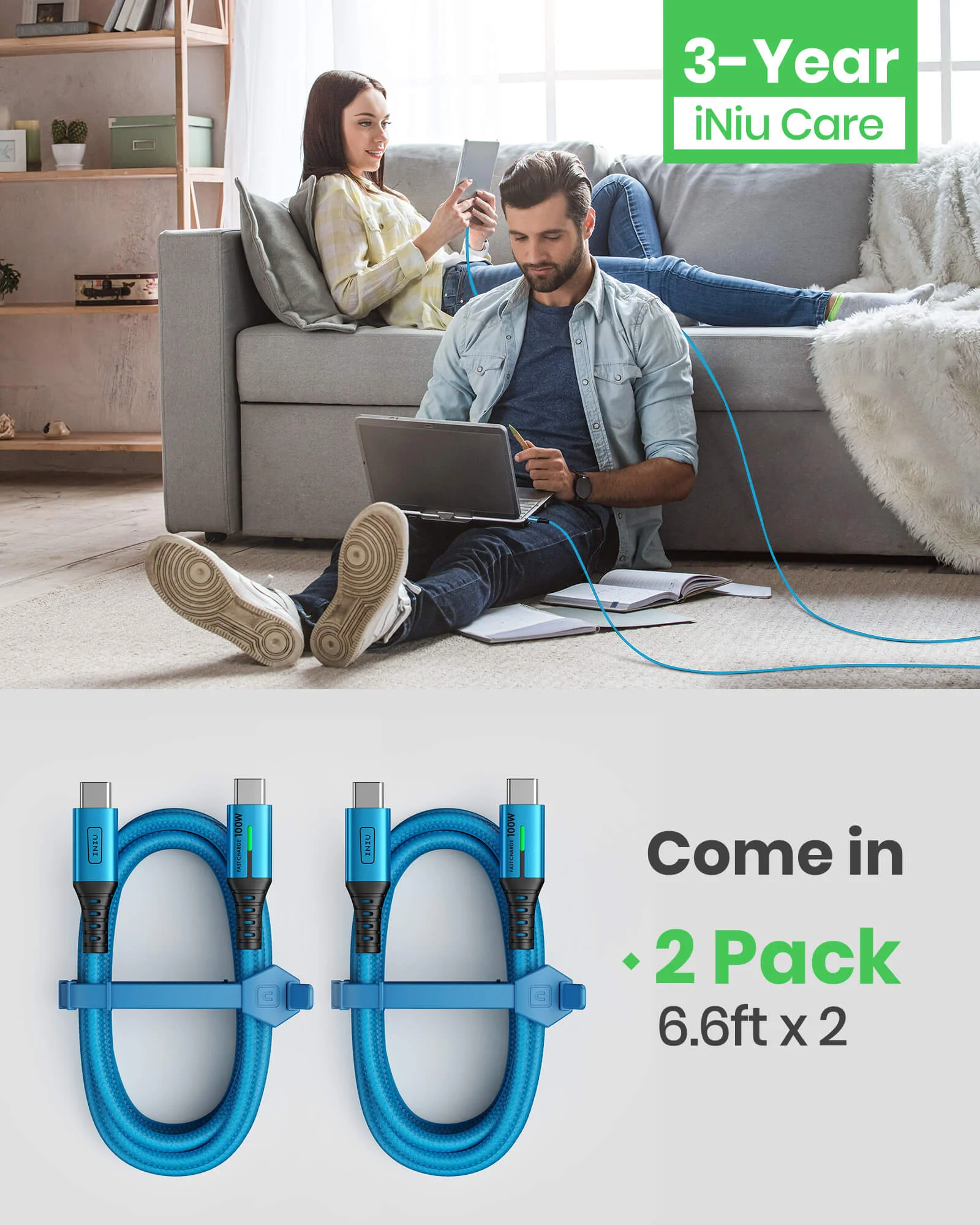 INIU D5CC USB C to C Cable Blue 100W (6.6ft, 2-Pack),Compatible with iPhone 14 13 12 Pro Samsung S21 Google LG iPad Tablet, etc. - Image 7