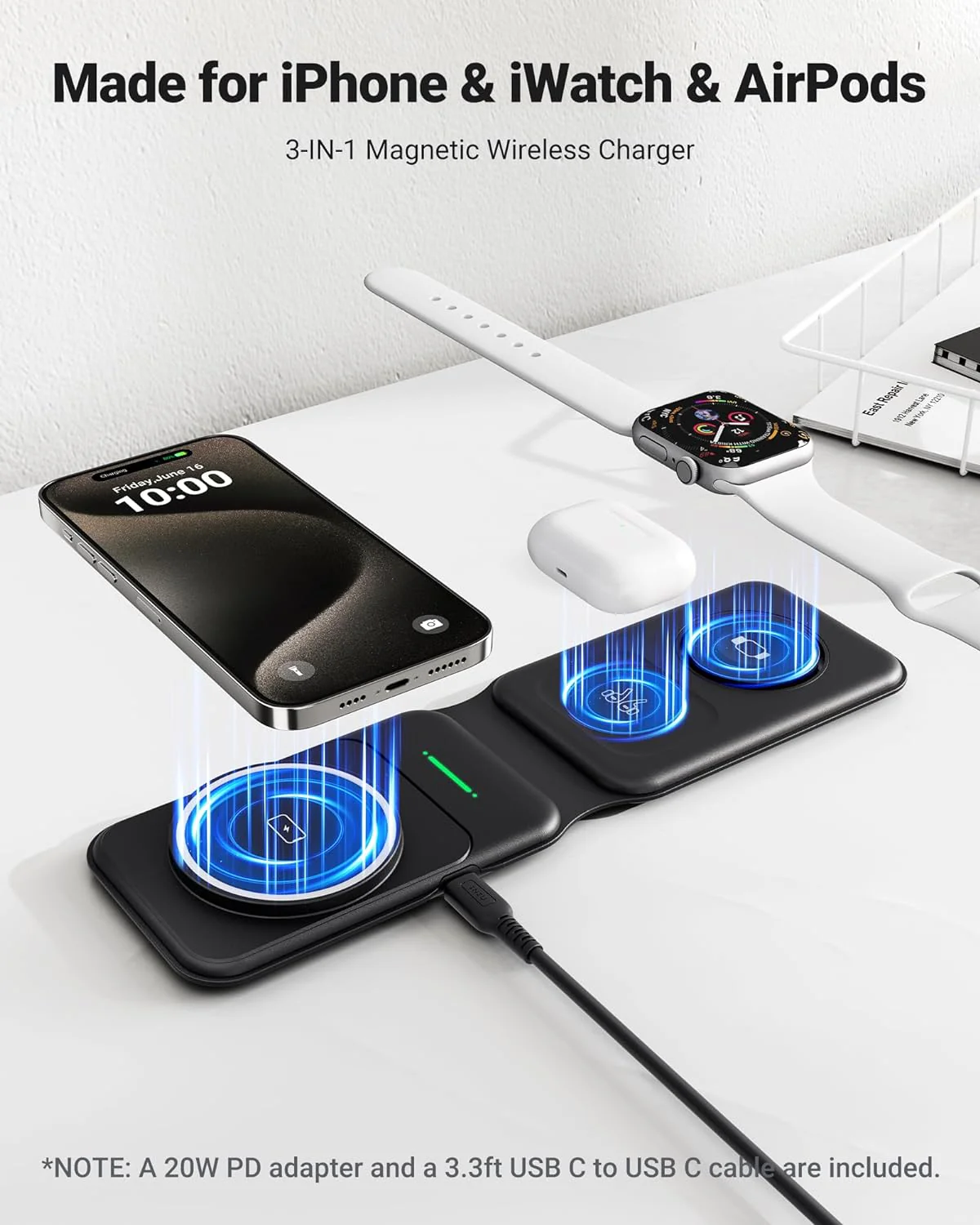 INIU Magnetic Foldable 3 in 1 Wireless Charger Compatible MagSafe - Image 2