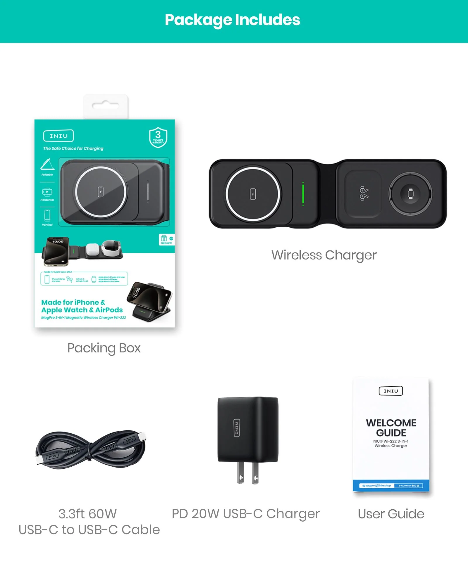 INIU Magnetic Foldable 3 in 1 Wireless Charger Compatible MagSafe - Image 6