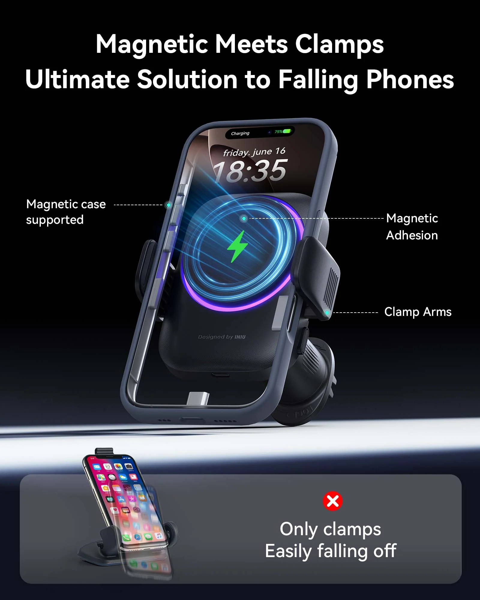 INIU SnapGo V11 Qi2 15W Magnetic Wireless Car Charger Black - Image 3